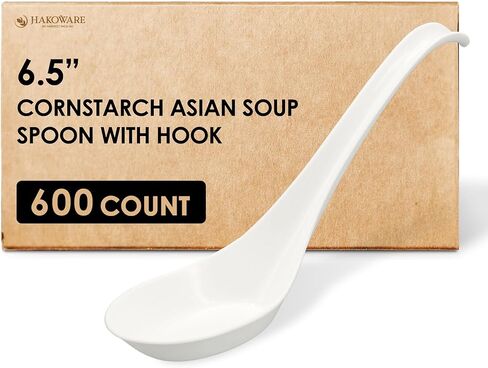 [600 قطعة] ملاعق شوربة آسيوية كبيرة للاستعمال مرة واحدة من هاكووير مع خطاف، مصنوعة من نشا الذرة المتبلور، لنودلز رامين فو، أدوات للاستعمال مرة واحدة، حجم كبير ومتين in Kuwait