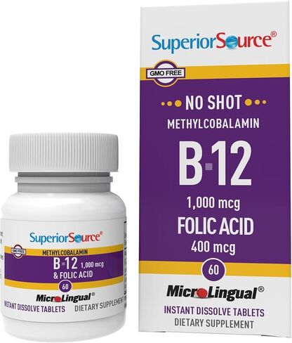 مصدر فائق بدون جرعة فيتامين ب12 ميثيل كوبالامين (1000 ميكروجرام)، حمض الفوليك، أقراص ميكرولينغوال سريعة الذوبان، 60 قرصًا، شكل نشط من ب12، زيادة الطاقة، صحة القلب، تعزيز عملية التمثيل الغذائي، غير معدل وراثيًا in Kuwait
