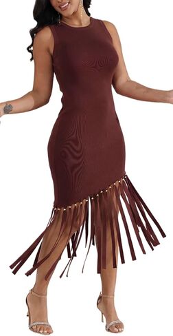 Ryehack Women’s Vintage Sleeveless Knit Bodycon Midi Dress Asymmetrical Fringe Hem & Metal Bead Detail Cocktail Party Dress in Kuwait