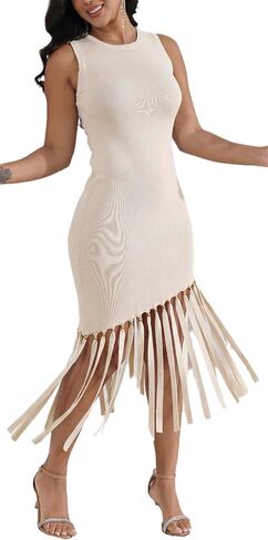 Ryehack Women’s Vintage Sleeveless Knit Bodycon Midi Dress Asymmetrical Fringe Hem & Metal Bead Detail Cocktail Party Dress in Saudi Arabia