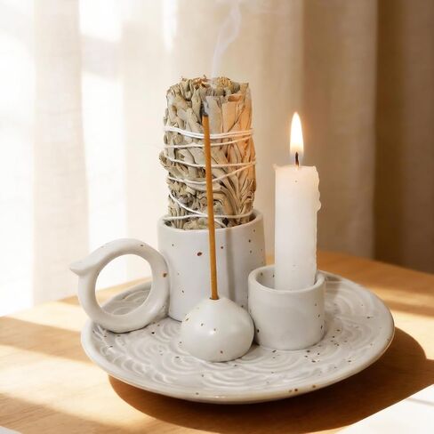 وعاء تلطيخ سيراميك 5 في 1 مقاس 4.1 بوصة - حامل عصا البخور متعدد الاستخدامات وطبق تلطيخ لبالو سانتو والمريمية - مثالي لمذبح الزن والتأمل واليوجا والعلاج العطري - تصميم بني سهل التنظيف in Kuwait