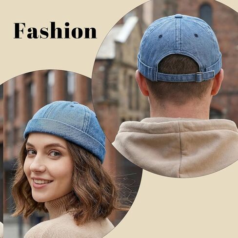 Brimless Caps for Men, Vintage Denim Hat, Rolled Cuff Docker Brimless Hat Sailor Beanie for Hip Hop Dancing Watch Cap in Kuwait
