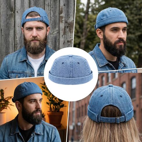 Brimless Caps for Men, Vintage Denim Hat, Rolled Cuff Docker Brimless Hat Sailor Beanie for Hip Hop Dancing Watch Cap in Kuwait