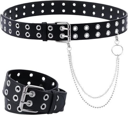 حزام جلدي بحلقة مزدوجة مع سلسلة قابلة للفصل للنساء والرجال، أحزمة جينز معدنية من نوع Punk Rock مع فتحتين باللون الأسود in Kuwait