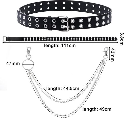 حزام جلدي بحلقة مزدوجة مع سلسلة قابلة للفصل للنساء والرجال، أحزمة جينز معدنية من نوع Punk Rock مع فتحتين باللون الأسود in Kuwait