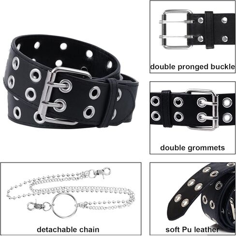 حزام جلدي بحلقة مزدوجة مع سلسلة قابلة للفصل للنساء والرجال، أحزمة جينز معدنية من نوع Punk Rock مع فتحتين باللون الأسود in Kuwait