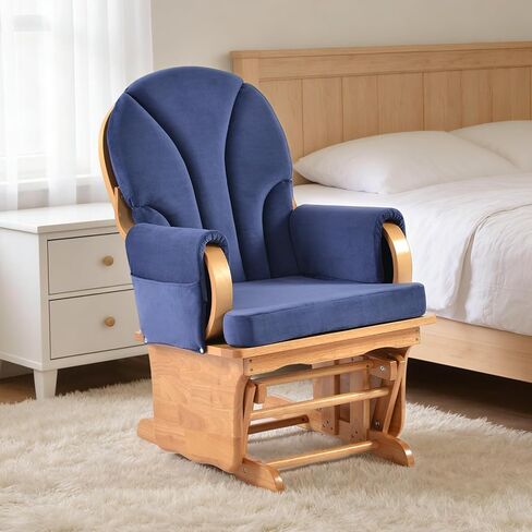 Comfortable Solid Wood Glider Rocker Chair with Plush Velvet Cushion - Modern Rocking Chair for Living Room, Nursery, Reading Nook - Dark Blue in Saudi Arabia