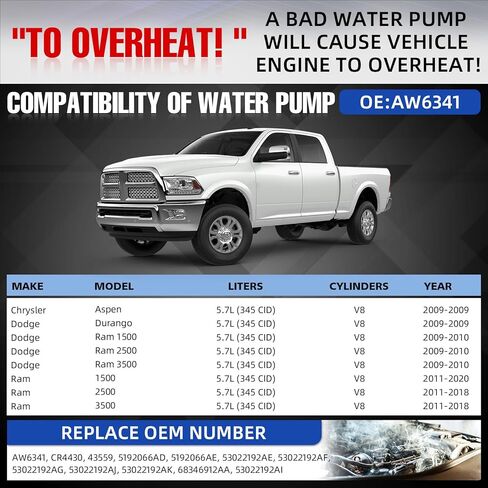 AW6341 Professional Water Pump Compatible with Ram 1500 2011-2020, 2500 3500 11-18, Dodge Ram 09-10 5.7L V8 HEMI, Durango, Chrysler Aspen. OEM Replaces 53022192AE in Saudi Arabia