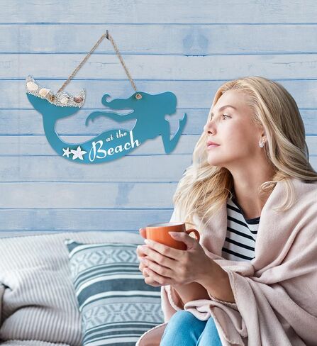 علامة معلقة لديكور الحائط على شكل حورية البحر من CoTa Global Aqua Sky - علامة حورية البحر خشبية مصنوعة يدويًا ومصنوعة مع حبل للتعليق، ديكور منزلي بطابع بحري - قد يختلف اللون المصنوع يدويًا in Saudi Arabia