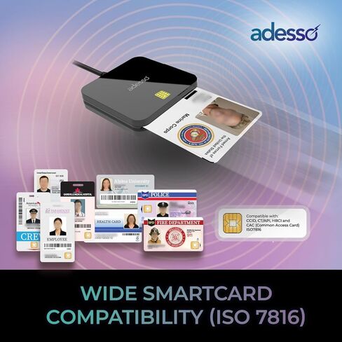قارئ بطاقات ذكية Adesso SCR-400 USB-C مع محول USB-A لبطاقة الهوية الحكومية ذات الوصول المشترك العسكري CAC، متوافق مع FIPS 201، شريحة اتصال ISO 7816، متوافقة مع أجهزة الكمبيوتر المحمول المكتبية التي تعمل بنظام Windows وMac in Saudi Arabia
