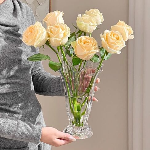 Vintage Ribbed Pedestal Glass Vase Esmiome 8.7in Embossed Big Heavy Thickened Crystal Clear Flower Bouquet Hydroponic Vases for Roses Lilies Smooth Rim Home Decor Office Wedding Dining Table Party in Saudi Arabia