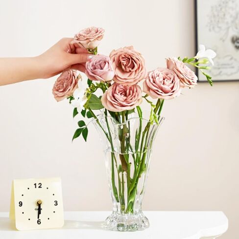 Vintage Ribbed Pedestal Glass Vase Esmiome 8.7in Embossed Big Heavy Thickened Crystal Clear Flower Bouquet Hydroponic Vases for Roses Lilies Smooth Rim Home Decor Office Wedding Dining Table Party in Saudi Arabia