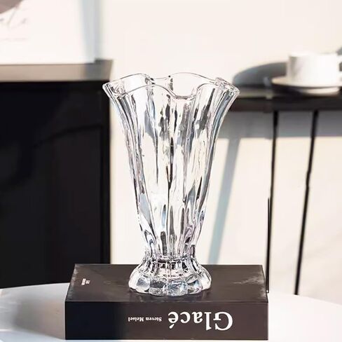 Vintage Ribbed Pedestal Glass Vase Esmiome 8.7in Embossed Big Heavy Thickened Crystal Clear Flower Bouquet Hydroponic Vases for Roses Lilies Smooth Rim Home Decor Office Wedding Dining Table Party in Saudi Arabia