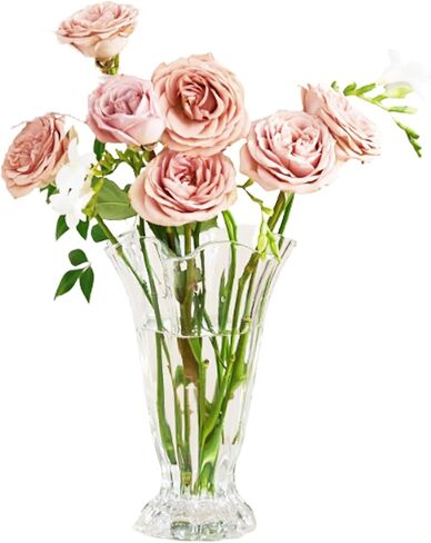 Vintage Ribbed Pedestal Glass Vase Esmiome 8.7in Embossed Big Heavy Thickened Crystal Clear Flower Bouquet Hydroponic Vases for Roses Lilies Smooth Rim Home Decor Office Wedding Dining Table Party in Saudi Arabia