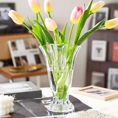 Vintage Ribbed Pedestal Glass Vase Esmiome 8.7in Embossed Big Heavy Thickened Crystal Clear Flower Bouquet Hydroponic Vases for Roses Lilies Smooth Rim Home Decor Office Wedding Dining Table Party in Saudi Arabia