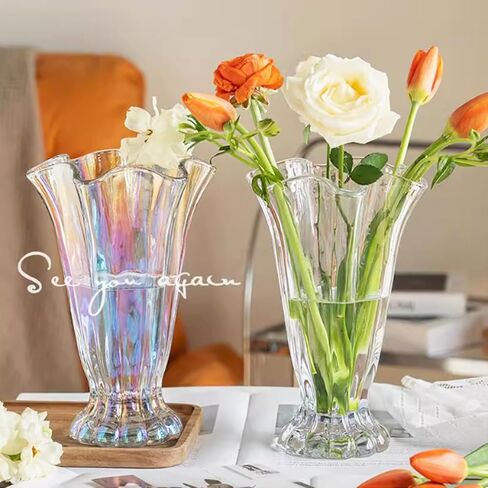 Vintage Ribbed Pedestal Glass Vase Esmiome 8.7in Embossed Big Heavy Thickened Crystal Clear Flower Bouquet Hydroponic Vases for Roses Lilies Smooth Rim Home Decor Office Wedding Dining Table Party in Saudi Arabia