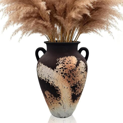 10 Inch Rustic Terracotta Vase - Matte Black and Brown Ceramic Vase with 2 Handles, Hand-Sculpted Clay Texture, Modern Farmhouse Home Decor for Table, Living Room & Office in Saudi Arabia