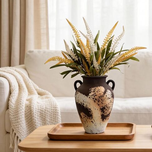 10 Inch Rustic Terracotta Vase - Matte Black and Brown Ceramic Vase with 2 Handles, Hand-Sculpted Clay Texture, Modern Farmhouse Home Decor for Table, Living Room & Office in Saudi Arabia