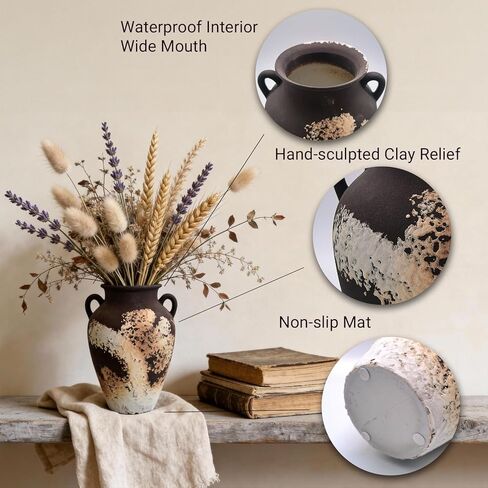 10 Inch Rustic Terracotta Vase - Matte Black and Brown Ceramic Vase with 2 Handles, Hand-Sculpted Clay Texture, Modern Farmhouse Home Decor for Table, Living Room & Office in Saudi Arabia