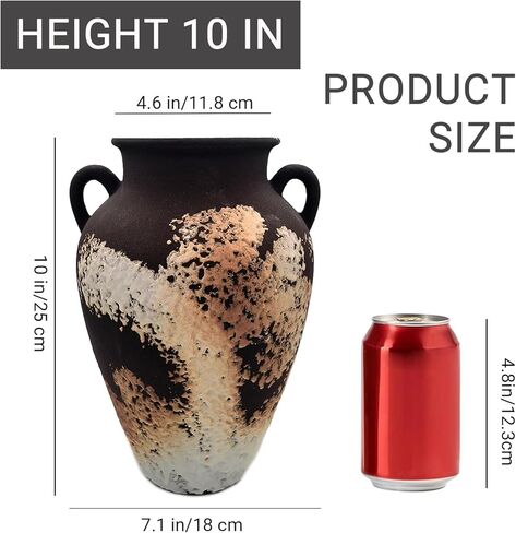 10 Inch Rustic Terracotta Vase - Matte Black and Brown Ceramic Vase with 2 Handles, Hand-Sculpted Clay Texture, Modern Farmhouse Home Decor for Table, Living Room & Office in Saudi Arabia