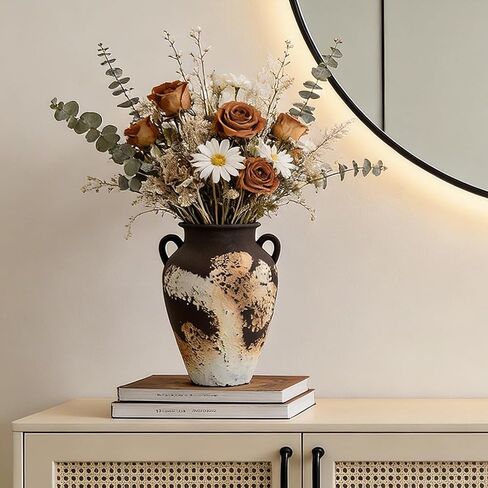 10 Inch Rustic Terracotta Vase - Matte Black and Brown Ceramic Vase with 2 Handles, Hand-Sculpted Clay Texture, Modern Farmhouse Home Decor for Table, Living Room & Office in Saudi Arabia