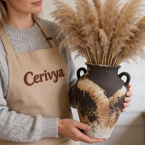 10 Inch Rustic Terracotta Vase - Matte Black and Brown Ceramic Vase with 2 Handles, Hand-Sculpted Clay Texture, Modern Farmhouse Home Decor for Table, Living Room & Office in Saudi Arabia