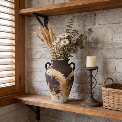 10 Inch Rustic Terracotta Vase - Matte Black and Brown Ceramic Vase with 2 Handles, Hand-Sculpted Clay Texture, Modern Farmhouse Home Decor for Table, Living Room & Office in Saudi Arabia