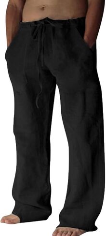 Puimentiua Cotton Linen Pants Men Casual Loose Fit Elastic Drawstring Waist Summer Beach Pants in Kuwait