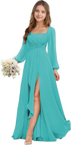 صغار وصيفة الشرف فساتين طويلة الأكمام ساحة الرقبة الشيفون زهرة فتاة اللباس مطوي كشكش الفتيات ثوب رسمي in Kuwait