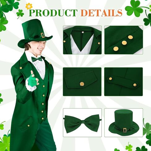 3 PCS ST. Patrick's Day Costume Men Adult Green ST Patrick Day Costume with Steampunk Green Top Hat Bow Tie in Saudi Arabia