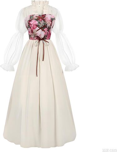 Women Renaissance Corset Dress Victorian Medieval Costume Floral Fairy Dresses Vintage Gown with Necklace in Saudi Arabia