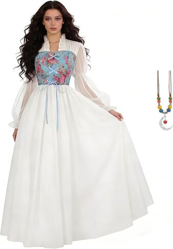 Women Renaissance Corset Dress Victorian Medieval Costume Floral Fairy Dresses Vintage Gown with Necklace in Saudi Arabia