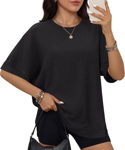 ANRABESS Women Oversized Waffle Knit T-Shirts Summer Casual Short Sleeve Tunic Tops Side Spilt Tee Shirts 2026 Trendy Clothes in Saudi Arabia