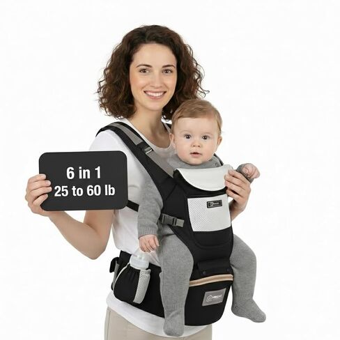 Baby Hip Carrier with Detachable Hip Seat and Head Support, 6 in 1 Toddler Carrier M-Shape Ergonomic Baby Carrier Newborn to Toddler, Adjustable Shoulder Straps, Bottle Holder & Storage Pocket - Grey in Saudi Arabia