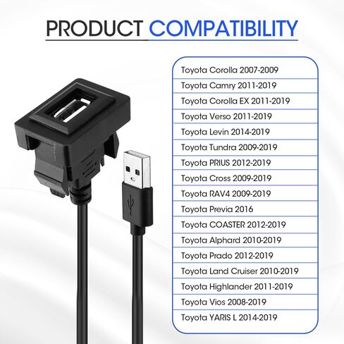 USB Port Car Charger for Toyota, 34 * 23mm Square Vehicle Power Socket Adapter, Panel Flush Mount Extension Cable for Camry RAV4 Corolla Highlander, Car Dash Port for iOS Android (1) in Kuwait