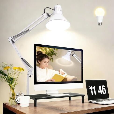 Desk Lamp With Clamp for Home Office, Eye-Caring Clip on Light with Adjustable Extra Tall Metal Swing Arm, High Intensity Clamp Lamp w/LED Bulb, Architect Task Table Lamps for Study, Workbench-B/5000k in Saudi Arabia