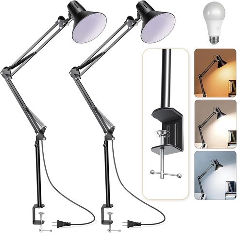 Desk Lamp With Clamp for Home Office, Eye-Caring Clip on Light with Adjustable Extra Tall Metal Swing Arm, High Intensity Clamp Lamp w/LED Bulb, Architect Task Table Lamps for Study, Workbench-B/5000k in Saudi Arabia
