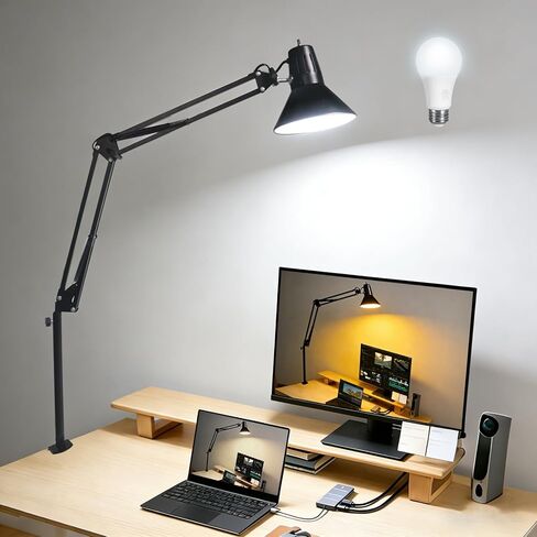 Desk Lamp With Clamp for Home Office, Eye-Caring Clip on Light with Adjustable Extra Tall Metal Swing Arm, High Intensity Clamp Lamp w/LED Bulb, Architect Task Table Lamps for Study, Workbench-B/5000k in Saudi Arabia