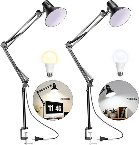 Desk Lamp With Clamp for Home Office, Eye-Caring Clip on Light with Adjustable Extra Tall Metal Swing Arm, High Intensity Clamp Lamp w/LED Bulb, Architect Task Table Lamps for Study, Workbench-B/5000k in Saudi Arabia