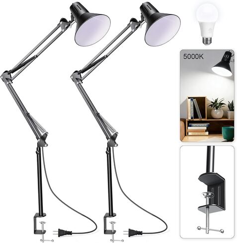 Desk Lamp With Clamp for Home Office, Eye-Caring Clip on Light with Adjustable Extra Tall Metal Swing Arm, High Intensity Clamp Lamp w/LED Bulb, Architect Task Table Lamps for Study, Workbench-B/5000k in Saudi Arabia
