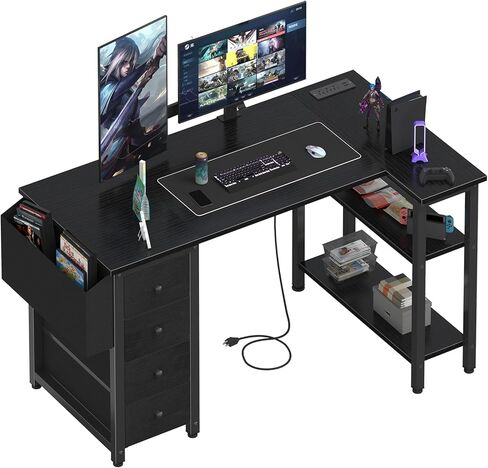 Lufeiya L Shaped Gaming Desk with Power Outlet, 47 Inch Reversible Corner Computer Desk with Drawers & Storage Shelves for Home Office Bedroom, L-Shaped Teen PC Desks with Fabric Drawer, Black in Kuwait