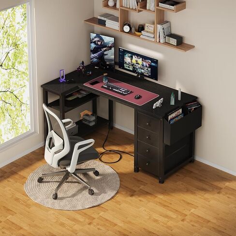 Lufeiya L Shaped Gaming Desk with Power Outlet, 47 Inch Reversible Corner Computer Desk with Drawers & Storage Shelves for Home Office Bedroom, L-Shaped Teen PC Desks with Fabric Drawer, Black in Kuwait