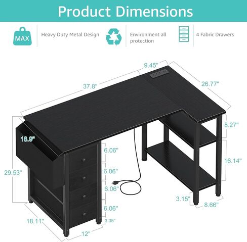 Lufeiya L Shaped Gaming Desk with Power Outlet, 47 Inch Reversible Corner Computer Desk with Drawers & Storage Shelves for Home Office Bedroom, L-Shaped Teen PC Desks with Fabric Drawer, Black in Kuwait