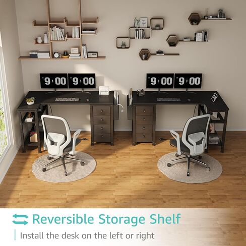 Lufeiya L Shaped Gaming Desk with Power Outlet, 47 Inch Reversible Corner Computer Desk with Drawers & Storage Shelves for Home Office Bedroom, L-Shaped Teen PC Desks with Fabric Drawer, Black in Kuwait