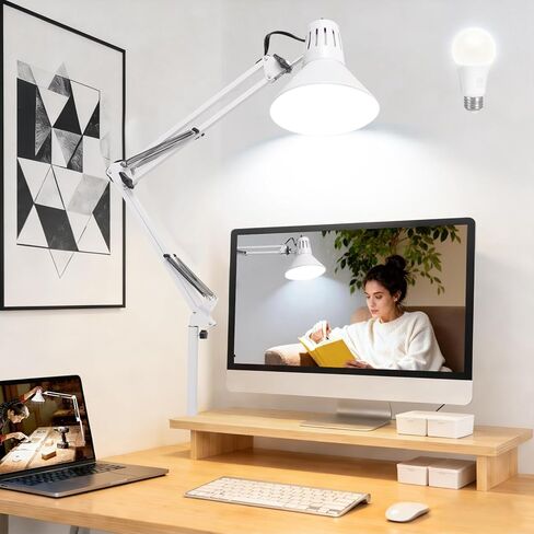 Desk Lamp With Clamp for Home Office, Eye-Caring Clip on Light with Adjustable Extra Tall Metal Swing Arm, High Intensity Clamp Lamp w/LED Bulb, Architect Task Table Lamps for Study, Workbench-B/5000k in Saudi Arabia