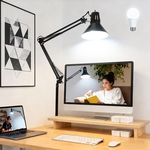 Desk Lamp With Clamp for Home Office, Eye-Caring Clip on Light with Adjustable Extra Tall Metal Swing Arm, High Intensity Clamp Lamp w/LED Bulb, Architect Task Table Lamps for Study, Workbench-B/5000k in Saudi Arabia