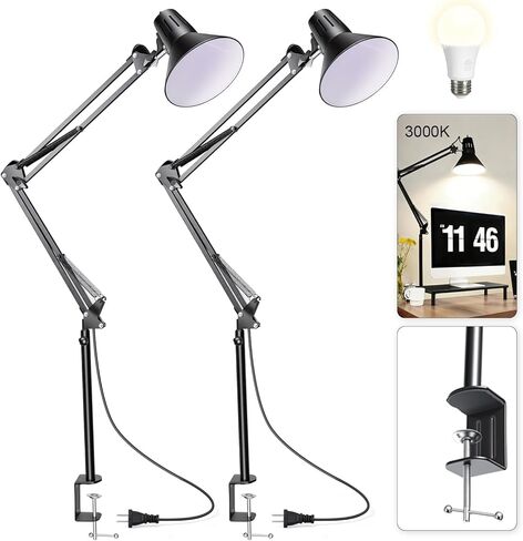 Desk Lamp With Clamp for Home Office, Eye-Caring Clip on Light with Adjustable Extra Tall Metal Swing Arm, High Intensity Clamp Lamp w/LED Bulb, Architect Task Table Lamps for Study, Workbench-B/5000k in Saudi Arabia