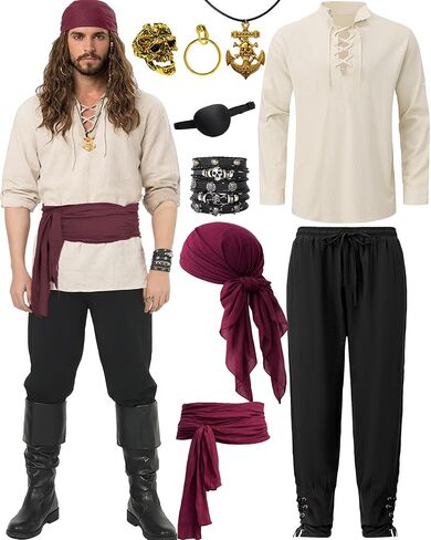 QRT 9PCS Men's Pirate Costume Set,Renaissance Medieval Outfit for Halloween Pirate Party with Viking Pants Shirts Accessories in Saudi Arabia