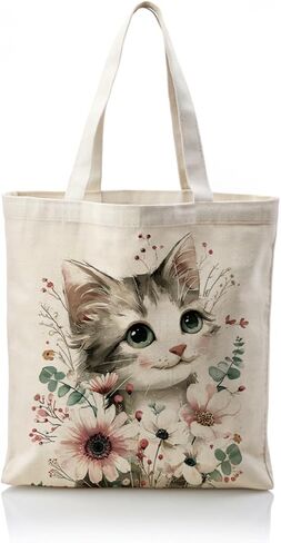 Aesthetic Cat and Flower Canvas Tote Bags, Reusable Shopping Bags, Cute Cats Aesthetic Reusable Tote Bag for Shopping Beach Grocery Work, Gift For Cat Lover Friends in Saudi Arabia