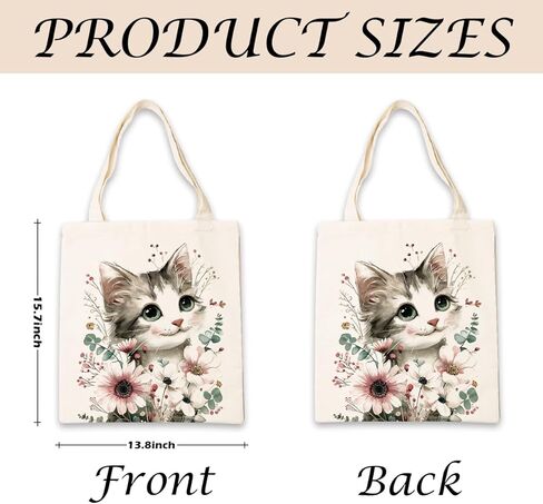 Aesthetic Cat and Flower Canvas Tote Bags, Reusable Shopping Bags, Cute Cats Aesthetic Reusable Tote Bag for Shopping Beach Grocery Work, Gift For Cat Lover Friends in Saudi Arabia